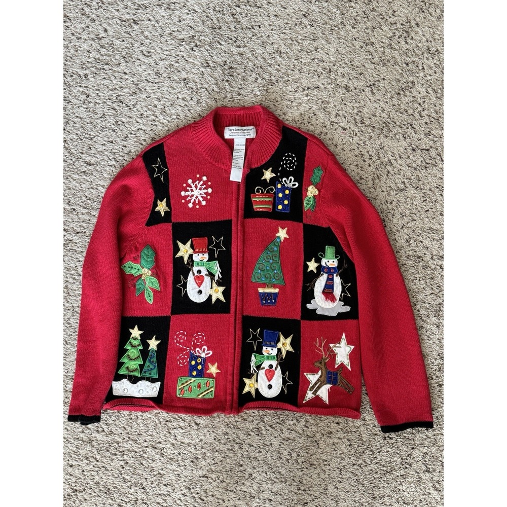 Tiara International Christmas Cardigan Sweater Womens Size Large‎ Beaded Sequins